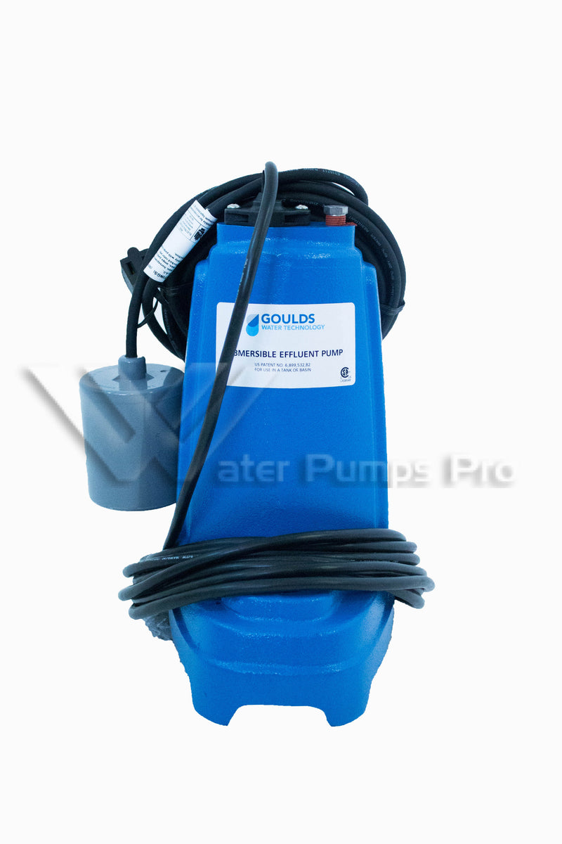 Goulds PE51P1 – Submersible Effluent Pump, 1/2 HP, 115 Volts, 1 Phase, 1-1/2" NPT Discharge, 70 GPM Max, Piggyback Float Switch, 20 ft Cord