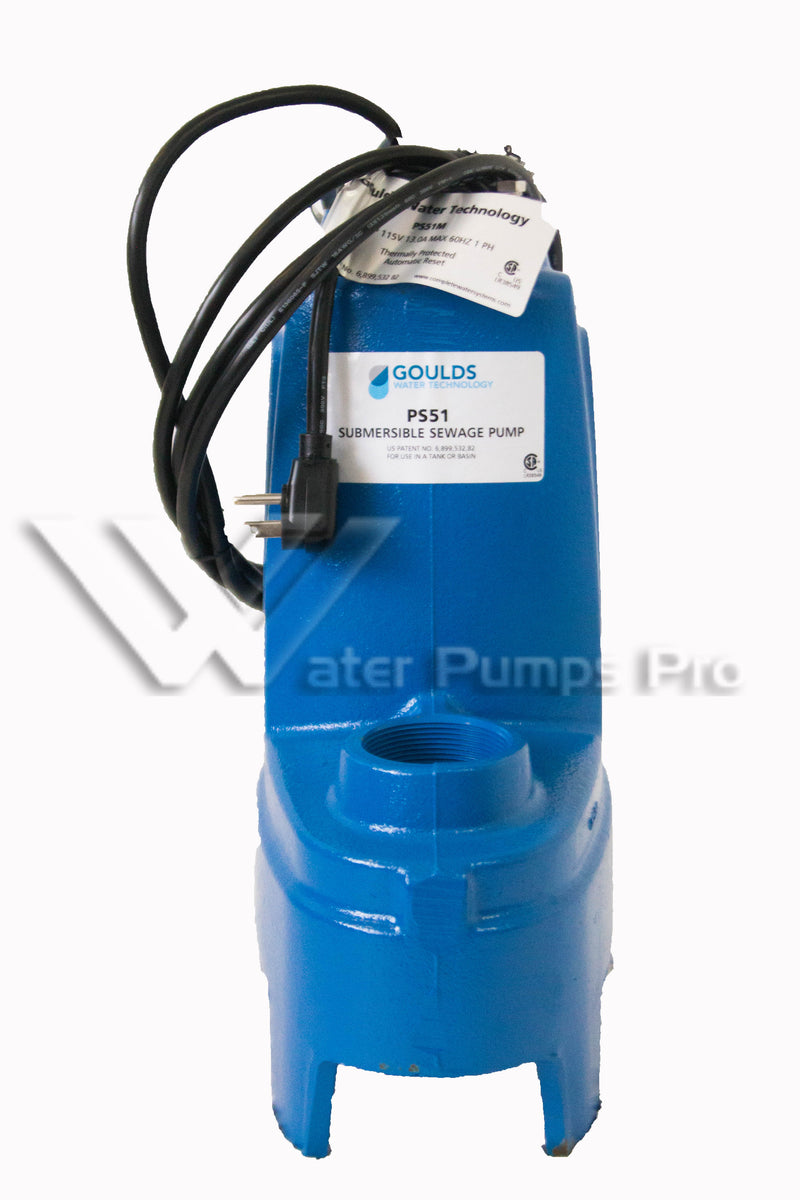 Goulds PS51MF – Submersible Sewage Pump, 1/2 HP, 115 Volts, 1 Phase, 2" NPT Discharge, 130 GPM Max, Manual/No Switch, 20 ft Cord